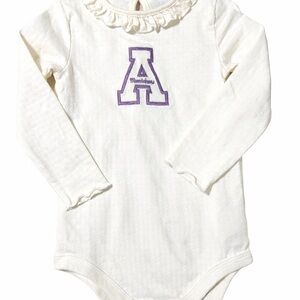 ASU Cream Long Sleeve Baby Onesie with Purple Mountaineers logo.